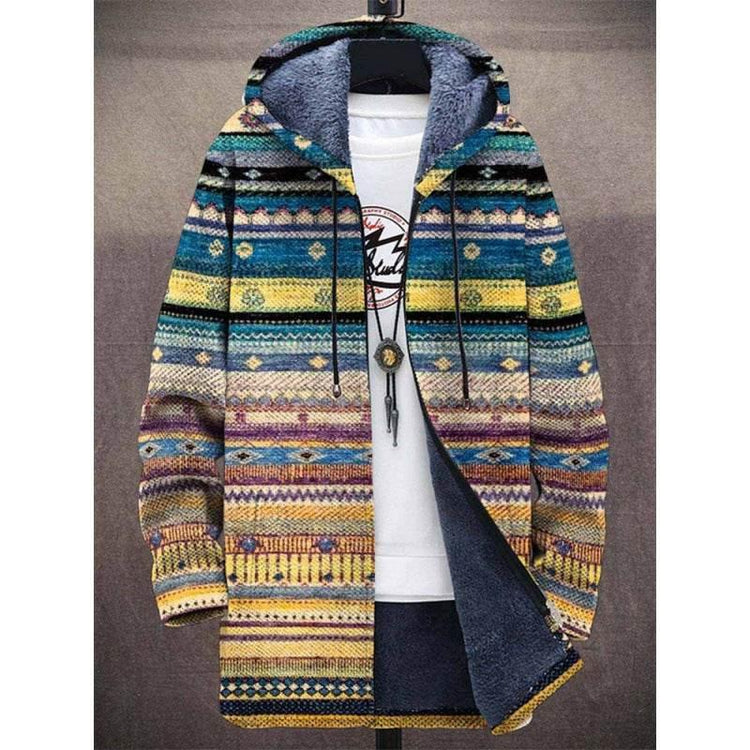 Colorful patterned fleece-lined hooded jacket with relaxed fit and drawstring hood