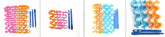 Colorful spiral hair curlers in pink, orange, and blue with styling tools on white background