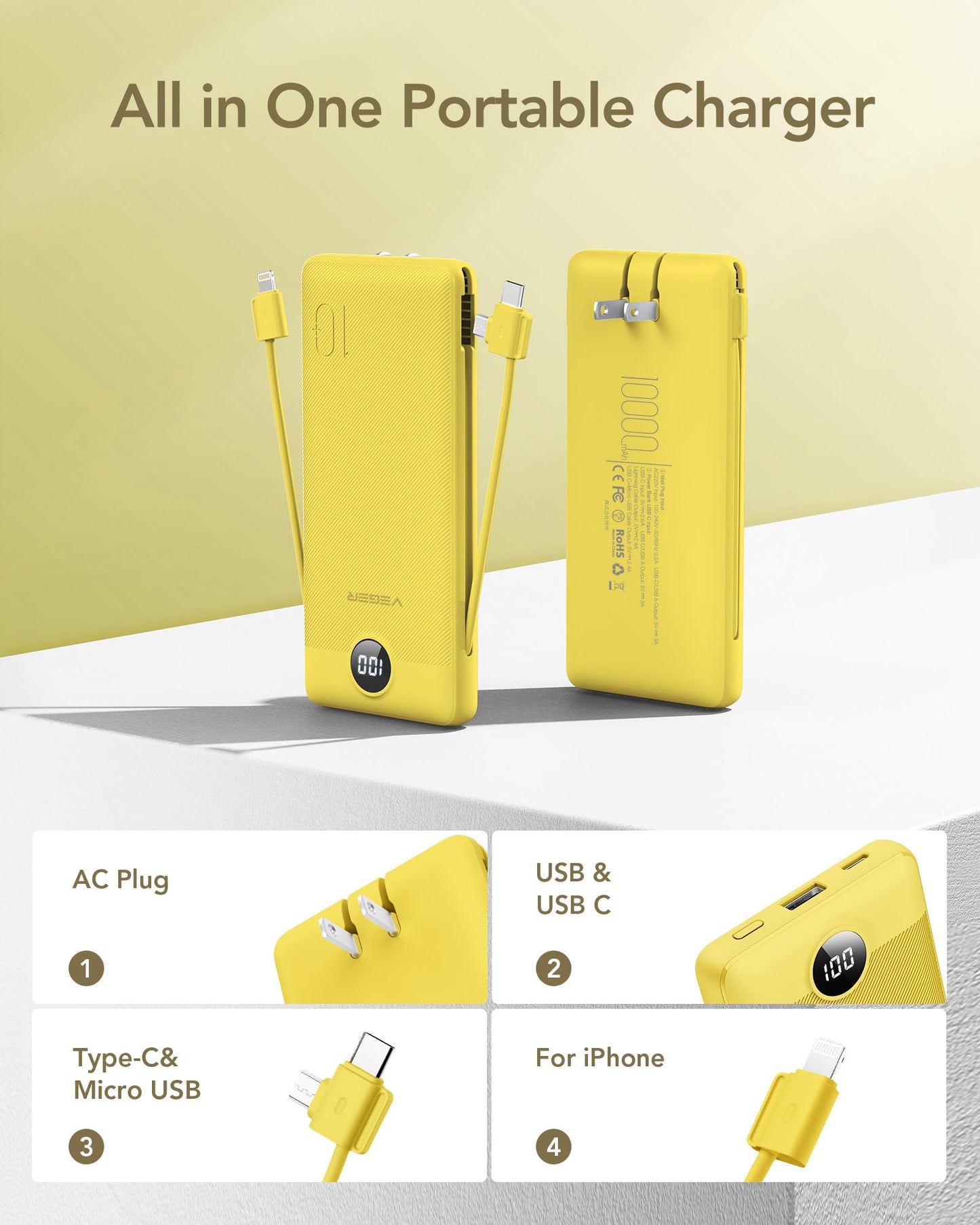 VEGER Portable Charger with Built in Cables