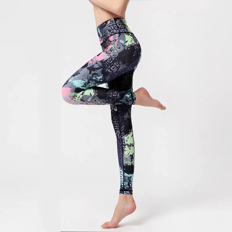 Woman wearing high-waisted, colorful patterned leggings with a slim athletic fit