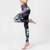 Woman wearing high-waisted, colorful patterned leggings with a slim athletic fit
