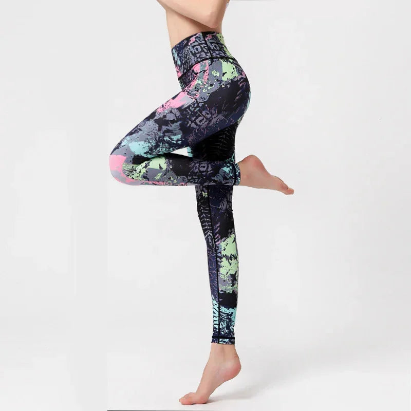 Woman wearing high-waisted, colorful patterned leggings with a slim athletic fit