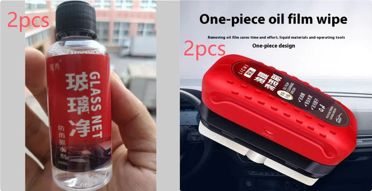 Hand holding clear bottle of glass cleaner, red label; red sponge oil film wipe on car dashboard.