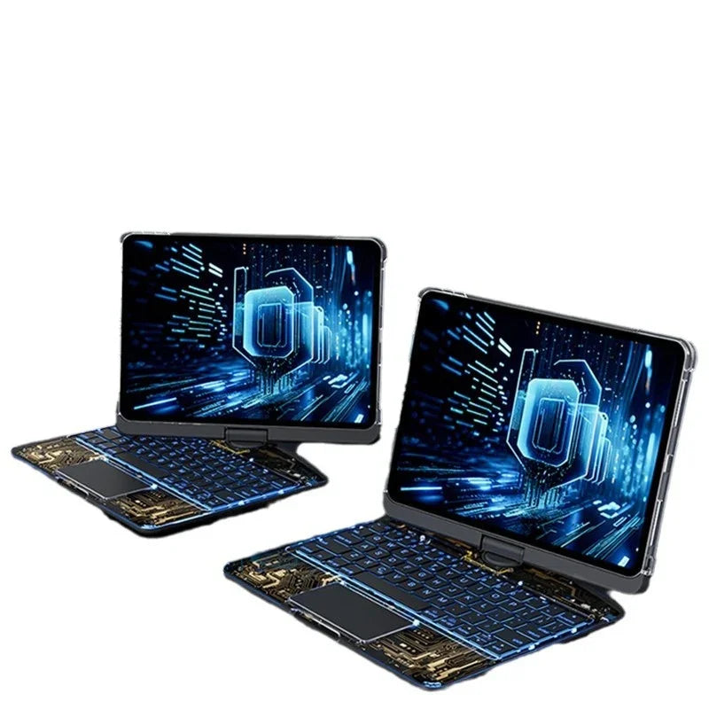 Futuristic tech-inspired laptop case with black and gold circuit board design and blue backlit keyboard.