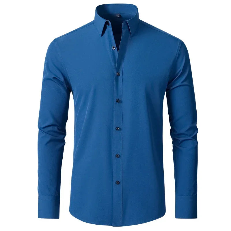 Men's slim fit blue long sleeve button-up shirt, classic collar, sleek modern style