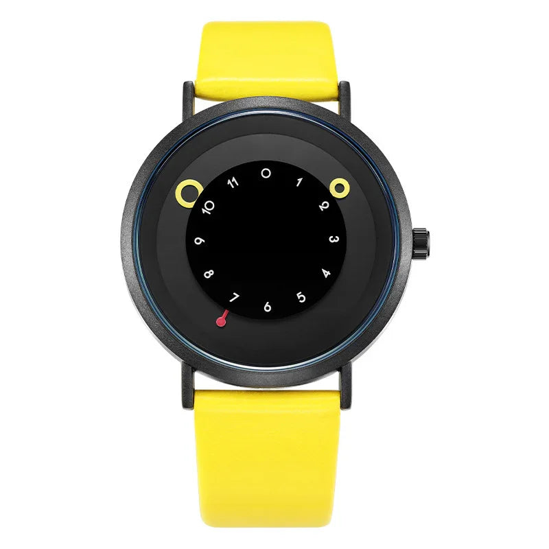 Modern analog wristwatch with bright yellow leather strap and minimalist black dial