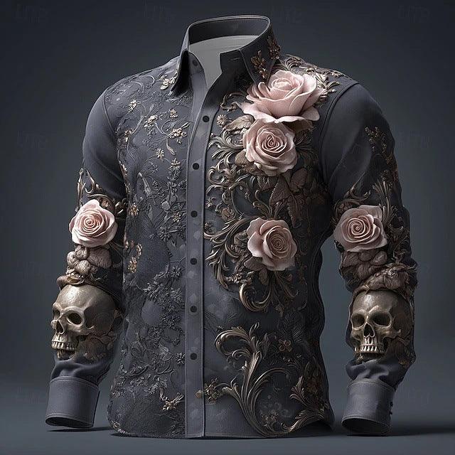 Men’s black button-down shirt with 3D floral embroidery, pink roses, and skull accents, slim fit.
