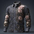 Dark gray fitted button-up shirt with 3D rose and skull embroidery, gothic floral streetwear style