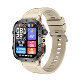 Beige silicone strap smartwatch with rectangular display and fitness tracking interface