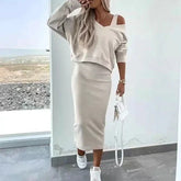 Woman in beige off-shoulder sweater and midi pencil skirt, casual fit, cotton blend, streetwear style