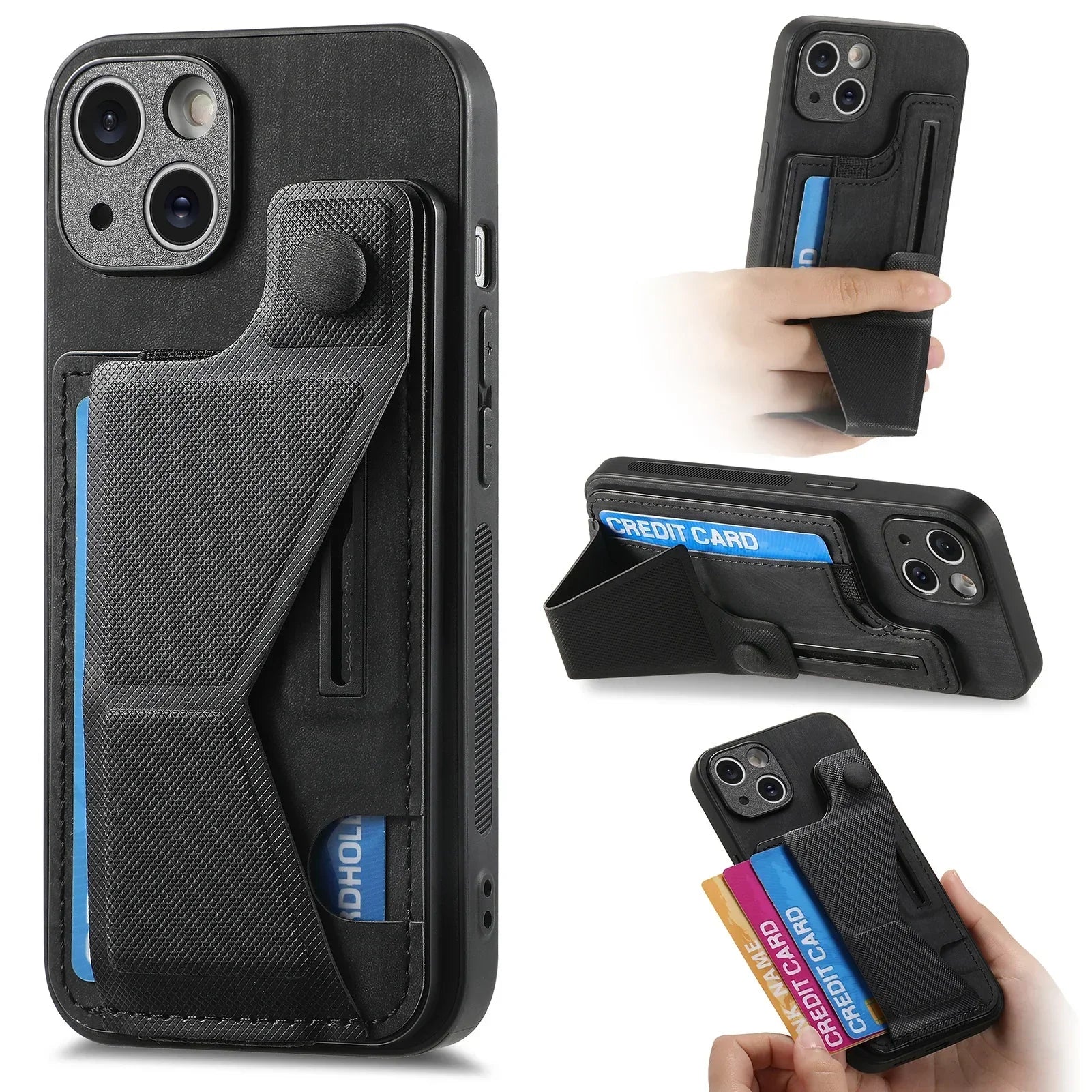 Black phone case with textured, foldable card holder and elastic hand strap, fits multiple cards.