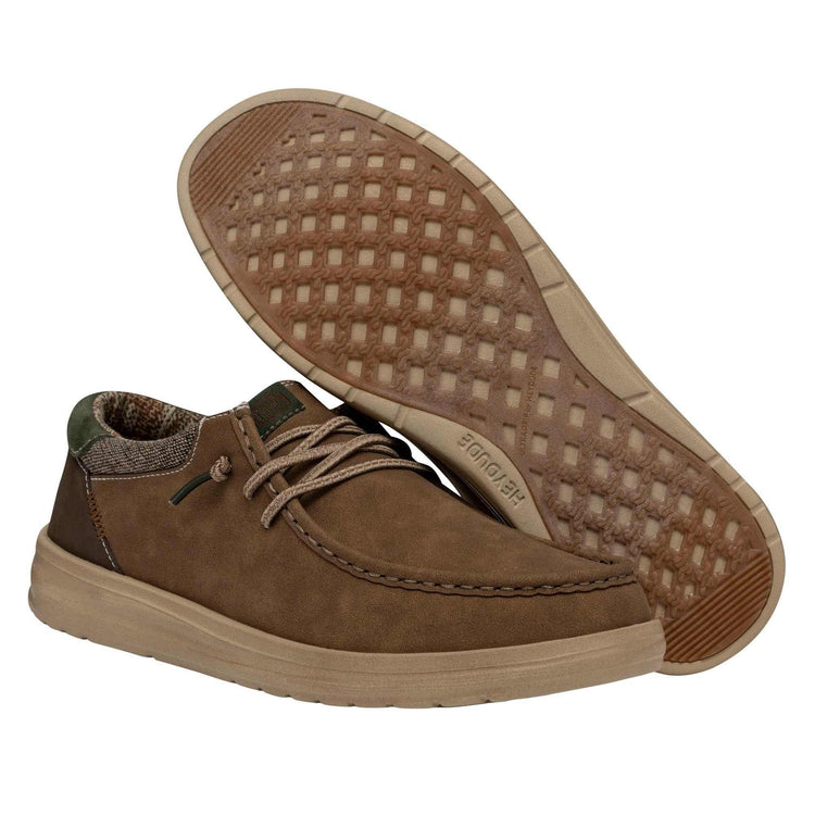 Brown suede casual shoes with lace-up design, cushioned sole, and woven fabric collar