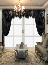 Luxurious living room with dark velvet curtains, tufted velvet sofas, and ornate decor
