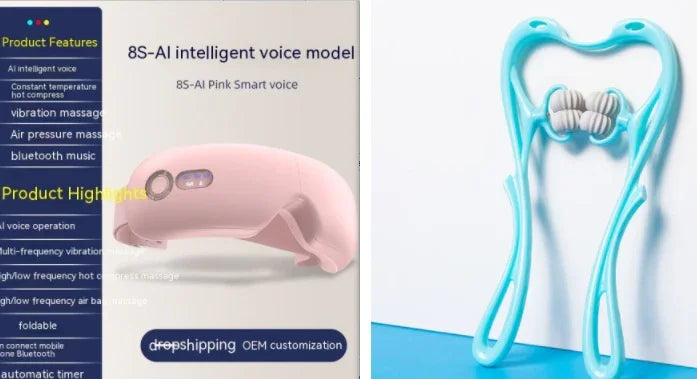 Futuristic pink wearable massager and blue manual neck massager, featuring sleek design and ergonomic fit.
