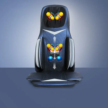 Black ergonomic massage seat cushion with textured surface and colorful massage nodes