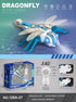 Blue and white remote control dragonfly toy with gold wings, LED lights, and spray mist feature.