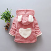 Pink fleece hoodie with white heart patch and cute ear details, relaxed fit, cozy style