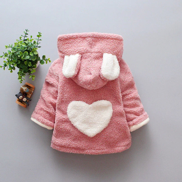 Pink fleece hoodie with white heart patch and cute ear details, relaxed fit, cozy style