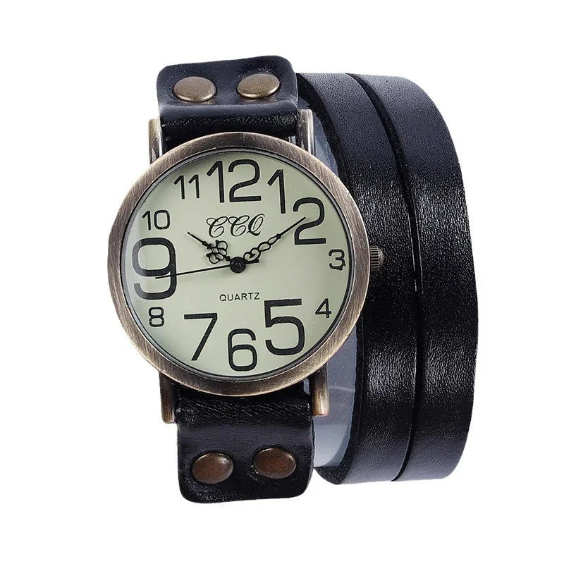 Vintage-style quartz watch with oversized numbers and black leather wrap strap