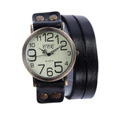 Vintage-style quartz watch with oversized numbers and black leather wrap strap