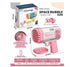 Pink and white plastic bubble gun with 40 bubble holes, lights, tray, and packaging shown.