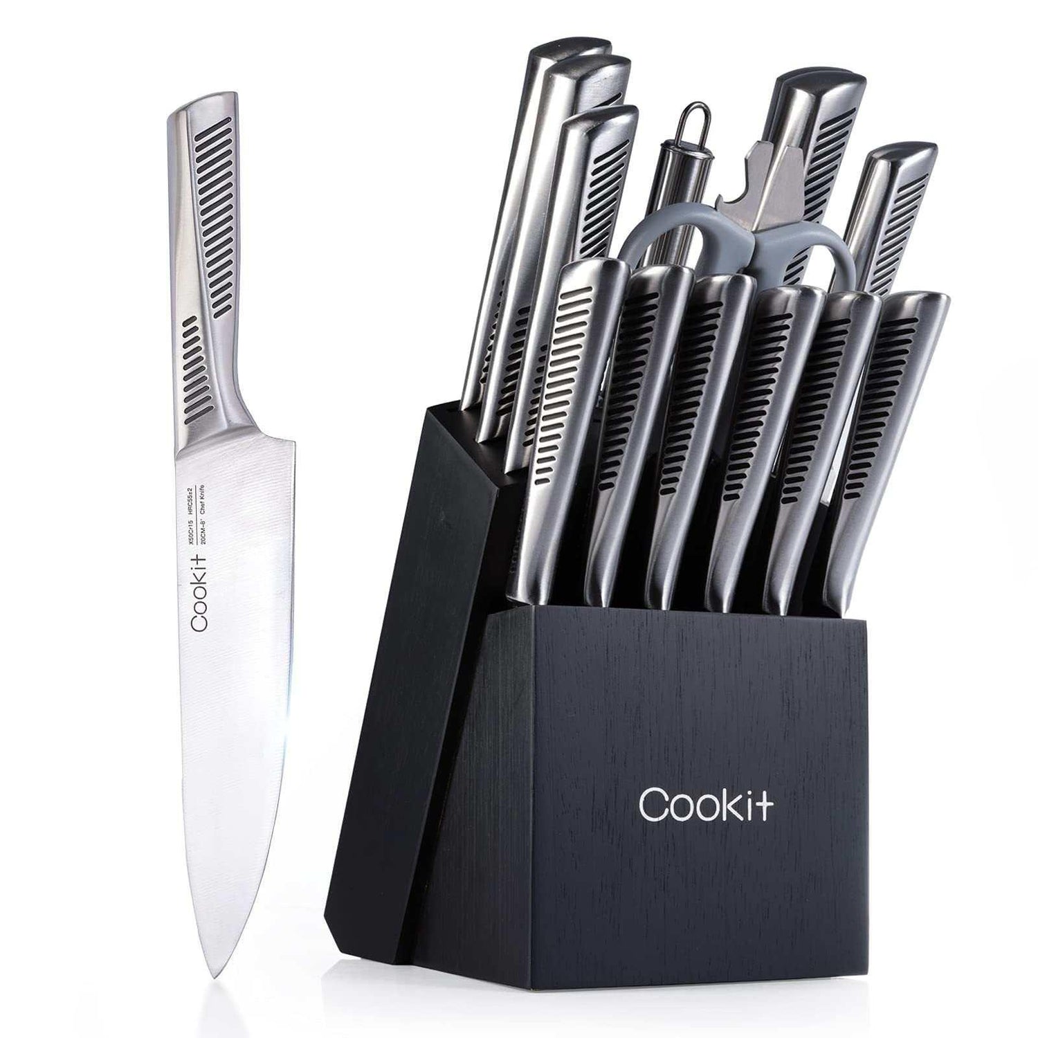 Stainless steel knife set with textured handles in a black wood block, includes scissors and peeler.