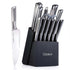 Stainless steel knife set with textured handles in a black wood block, includes scissors and peeler.