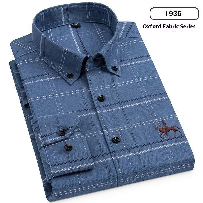 Blue plaid long-sleeve oxford shirt, button-down collar, embroidered horse logo, modern fit.