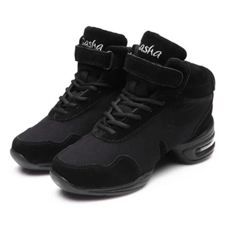 Black high-top sneakers with lace-up front, suede and mesh material, chunky sole design
