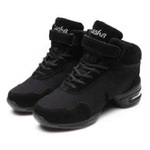Black high-top sneakers with lace-up front, suede and mesh material, chunky sole design