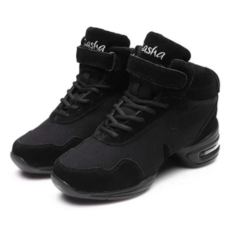 Black high-top sneakers with lace-up front, suede and mesh material, chunky sole design