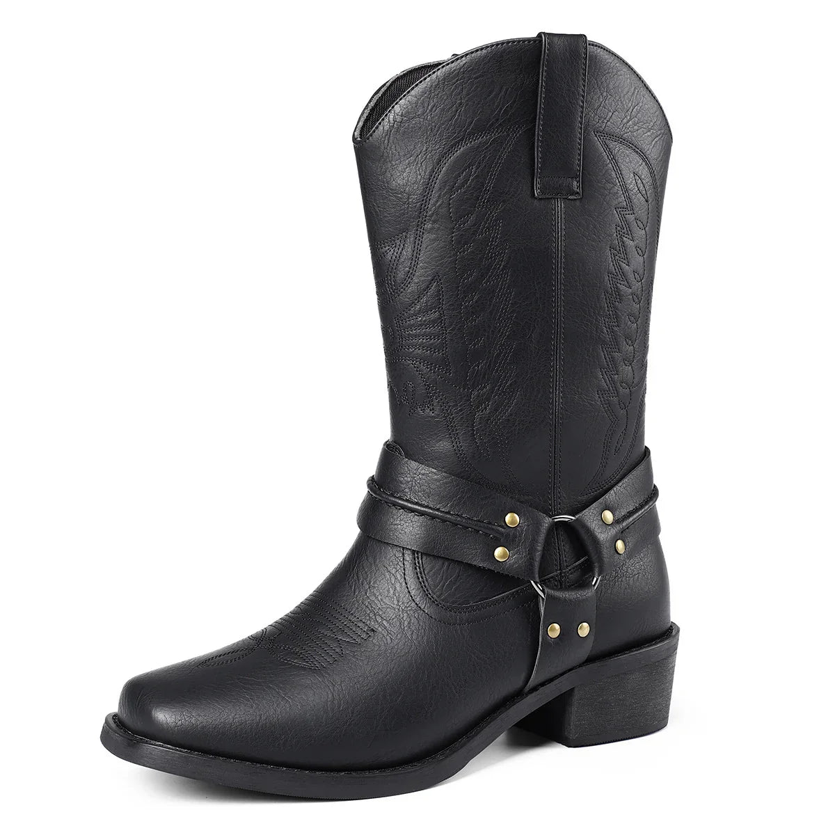 Black faux leather western boot with harness strap and decorative stitching, mid-calf height
