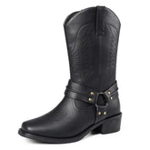 Black faux leather western boot with harness strap and decorative stitching, mid-calf height