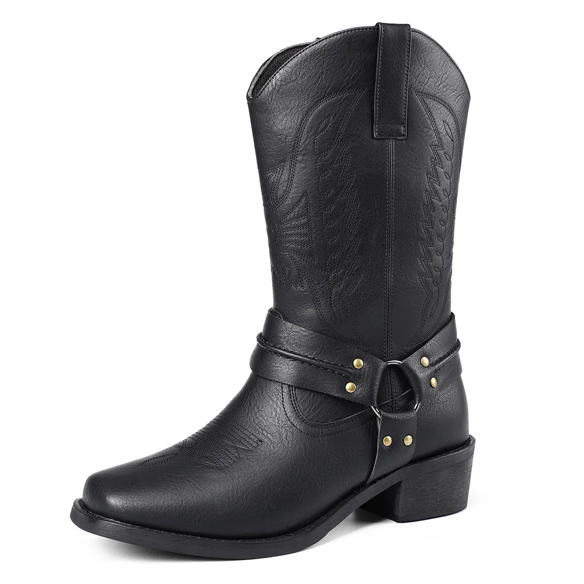Black faux leather western boot with harness strap and decorative stitching, mid-calf height