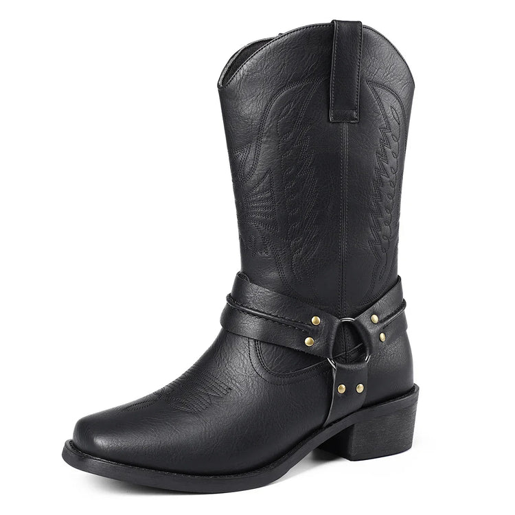 Black faux leather western boot with harness strap and decorative stitching, mid-calf height