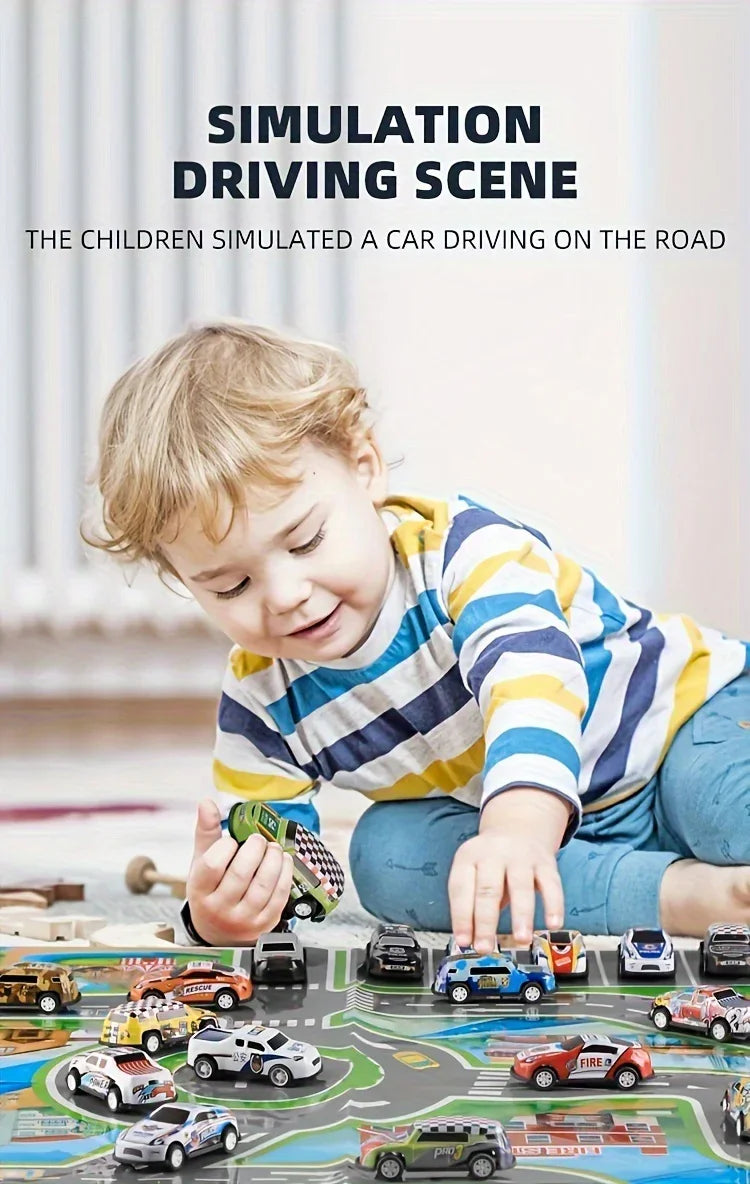 Child in a colorful striped long-sleeve shirt playing with toy cars on a playmat.