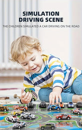 Child in a colorful striped long-sleeve shirt playing with toy cars on a playmat.