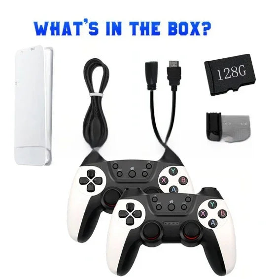 Black and white wireless game controllers, USB cables, 128GB memory card, and accessories set