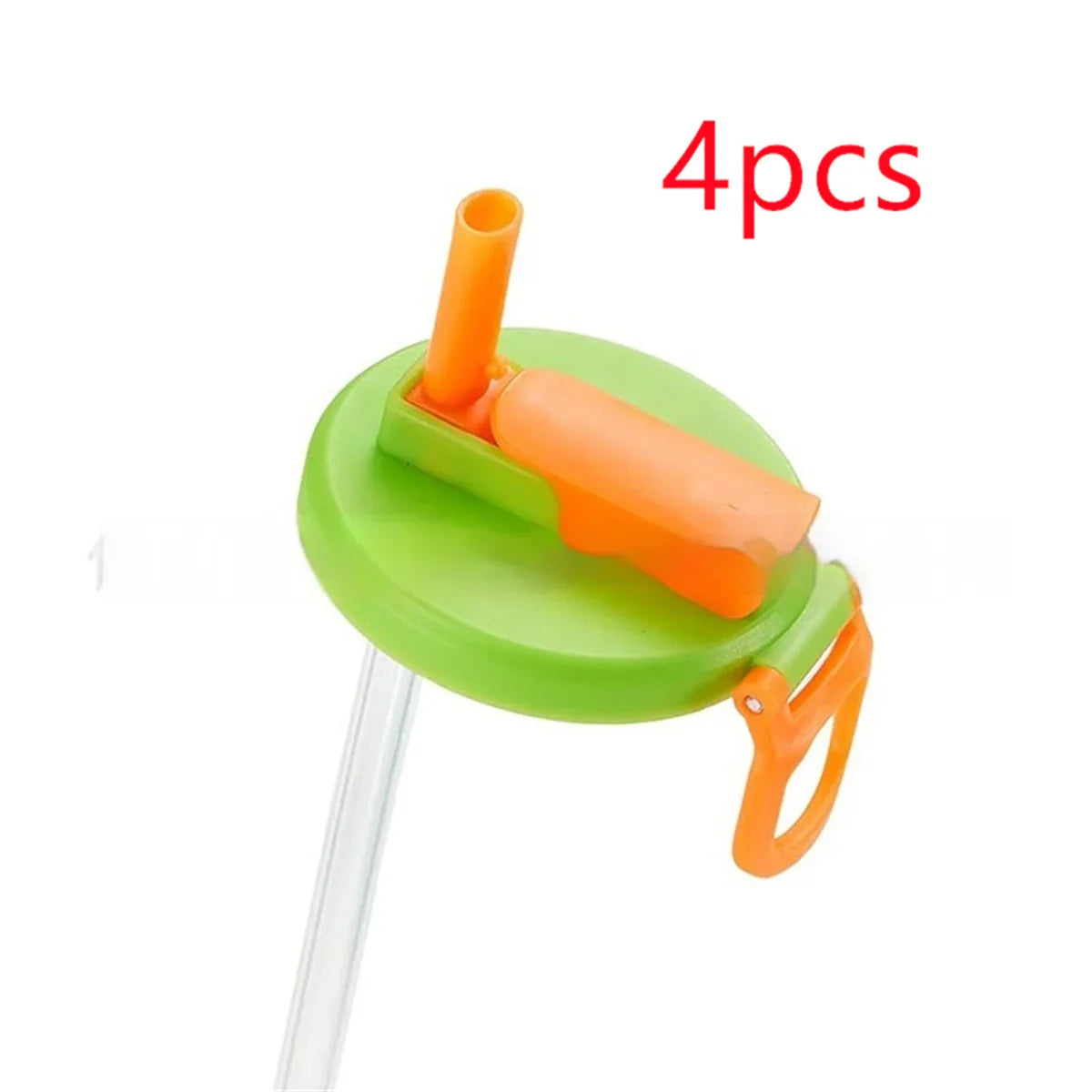 Green and orange plastic straw lid with handle, drinking accessory, pack of 4