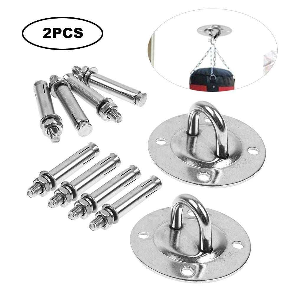 Two-piece stainless steel ceiling mount set with bolts for hanging heavy bags or swings.