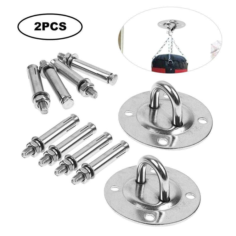 Two-piece stainless steel ceiling mount set with bolts for hanging heavy bags or swings.