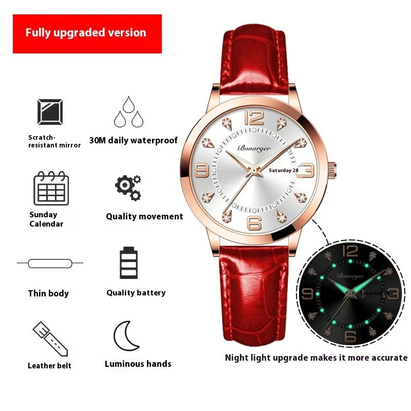 Silver and gold analog watch with red leather strap, luminous hands, and slim waterproof design.