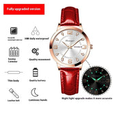 Silver and gold analog watch with red leather strap, luminous hands, and slim waterproof design.