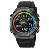 Futuristic digital sports watch with black silicone strap, multicolor display, and chronograph features.