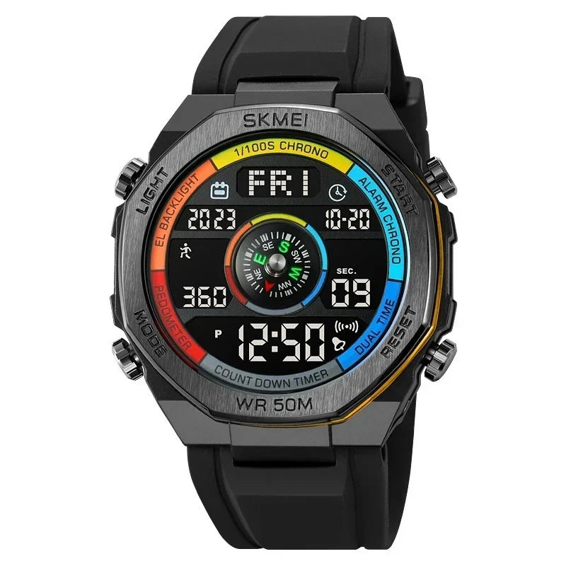Futuristic digital sports watch with black silicone strap, multicolor display, and chronograph features.