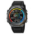 Futuristic digital sports watch with black silicone strap, multicolor display, and chronograph features.