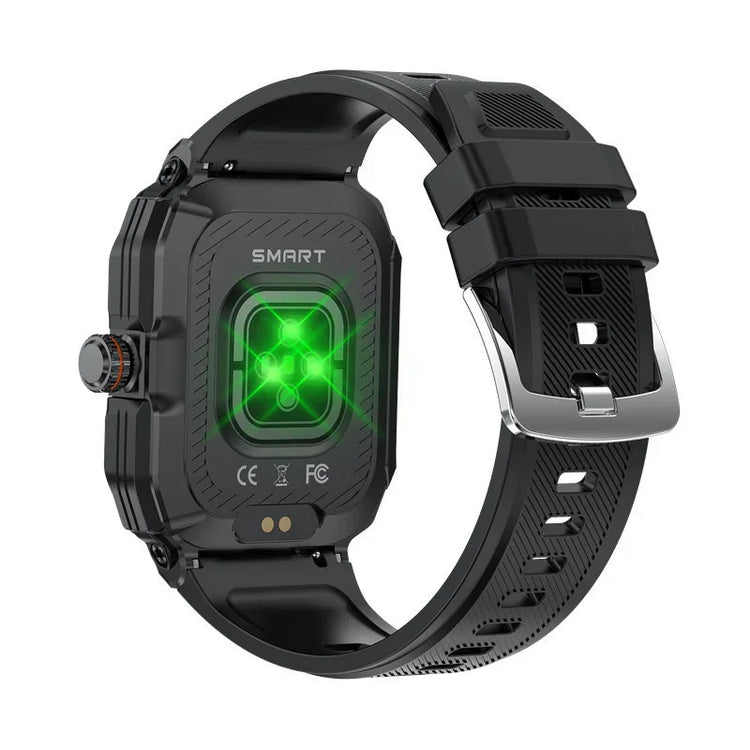 Black rugged smart watch with silicone band and glowing green heart rate sensor
