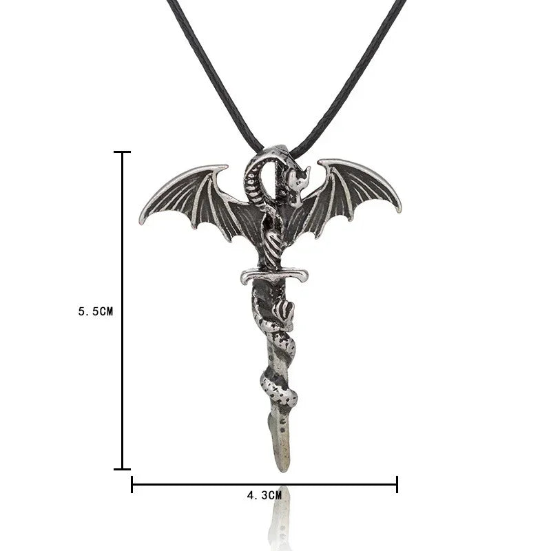 Gothic-style dragon pendant necklace in silver metal, winged design, black cord, 5.5cm x 4.3cm
