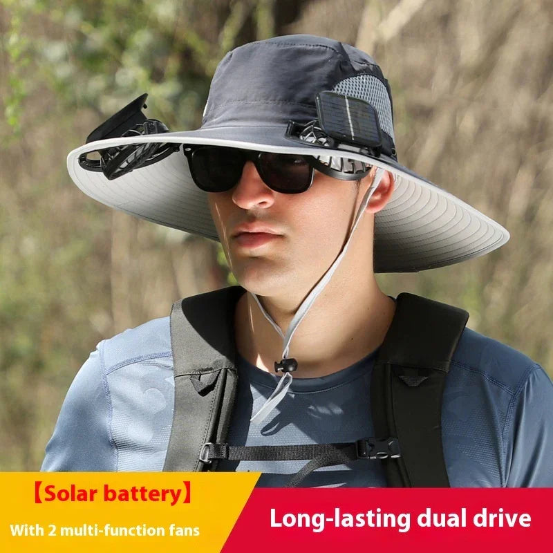 Wide-brim gray sun hat with solar-powered fans, outdoor tech accessory, adjustable fit.