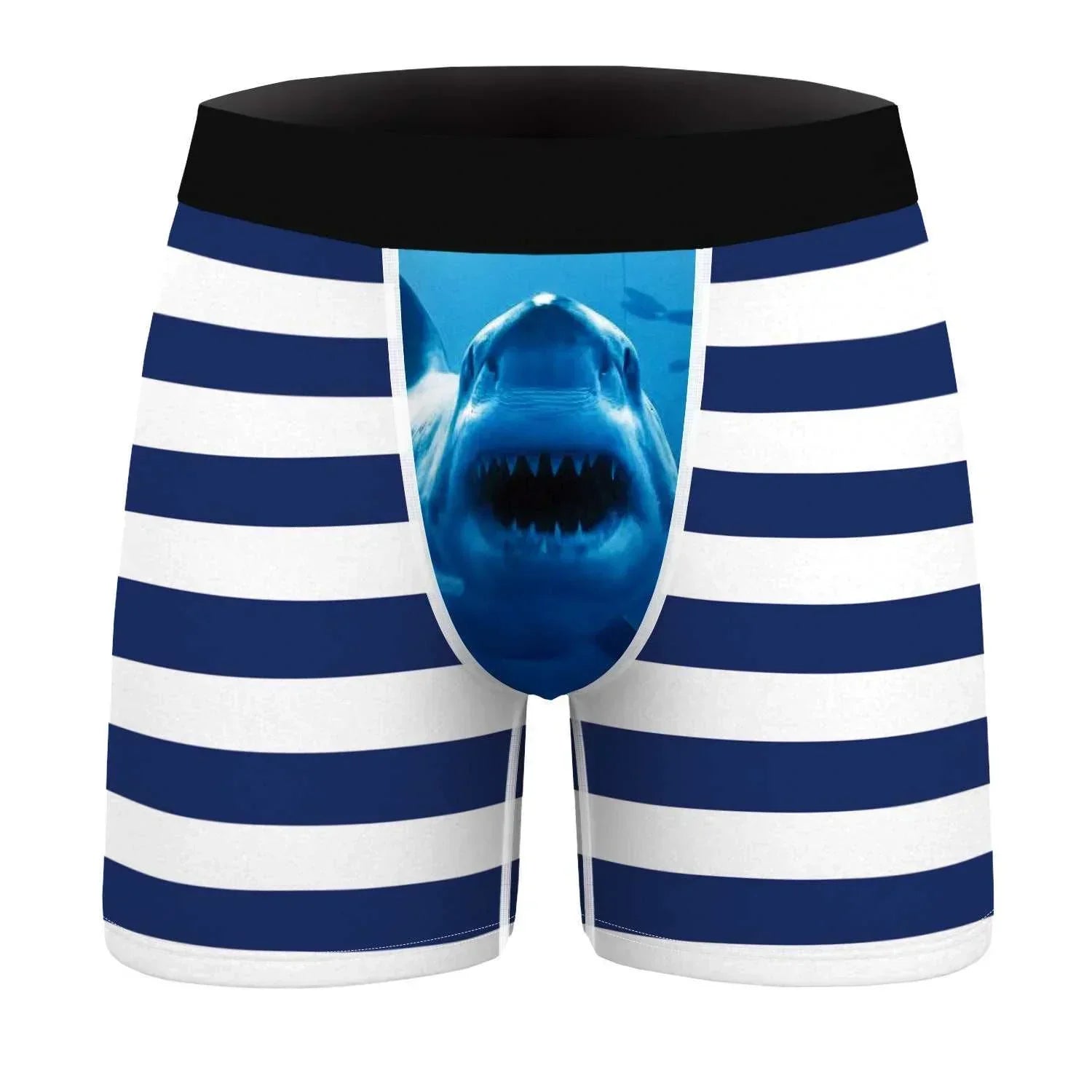Men’s boxer briefs with navy and white stripes, stretchy fit, shark graphic on front pouch